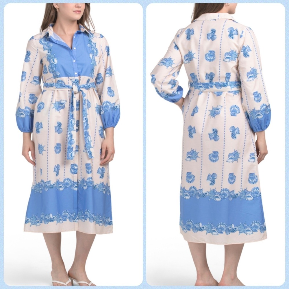 Celina Moon X Anthro Shell Print Tie Waist Midi Shirt Dress Women's Size Medium - Picture 2 of 15